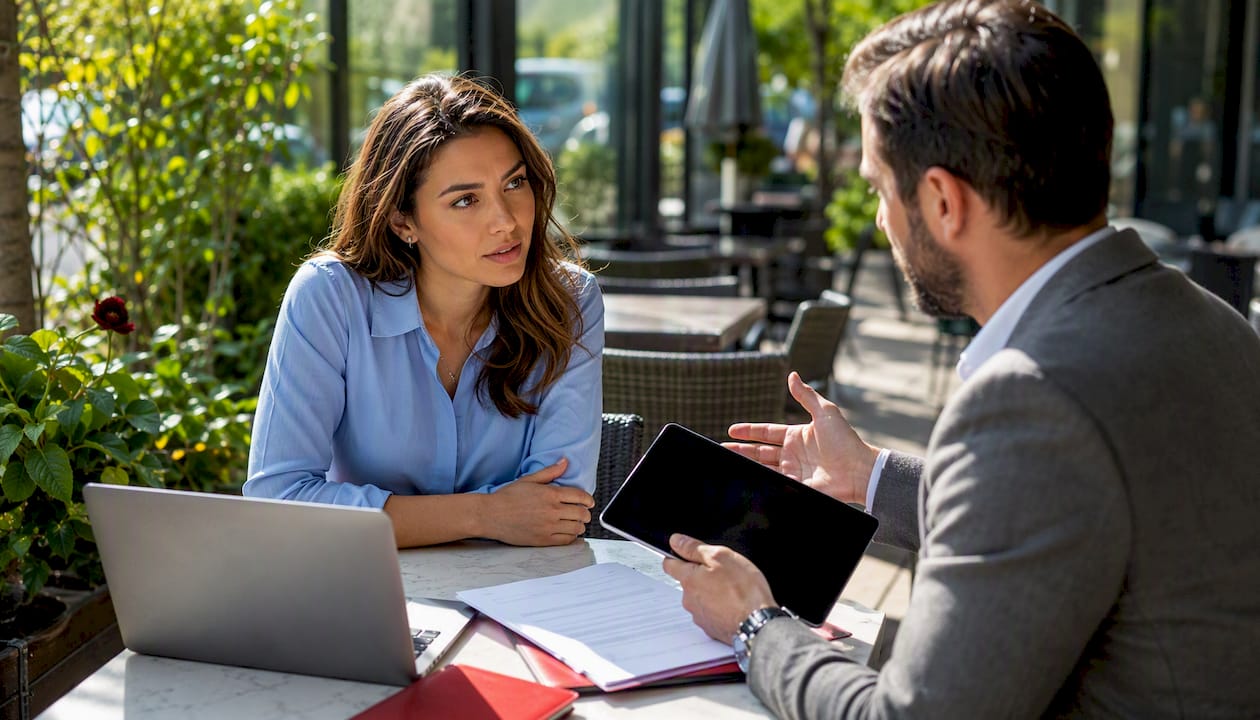 Customer discussing used car warranty at dealership