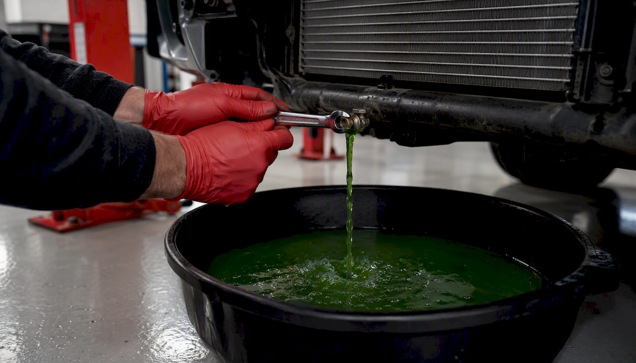 Hands draining coolant from car radiator valve