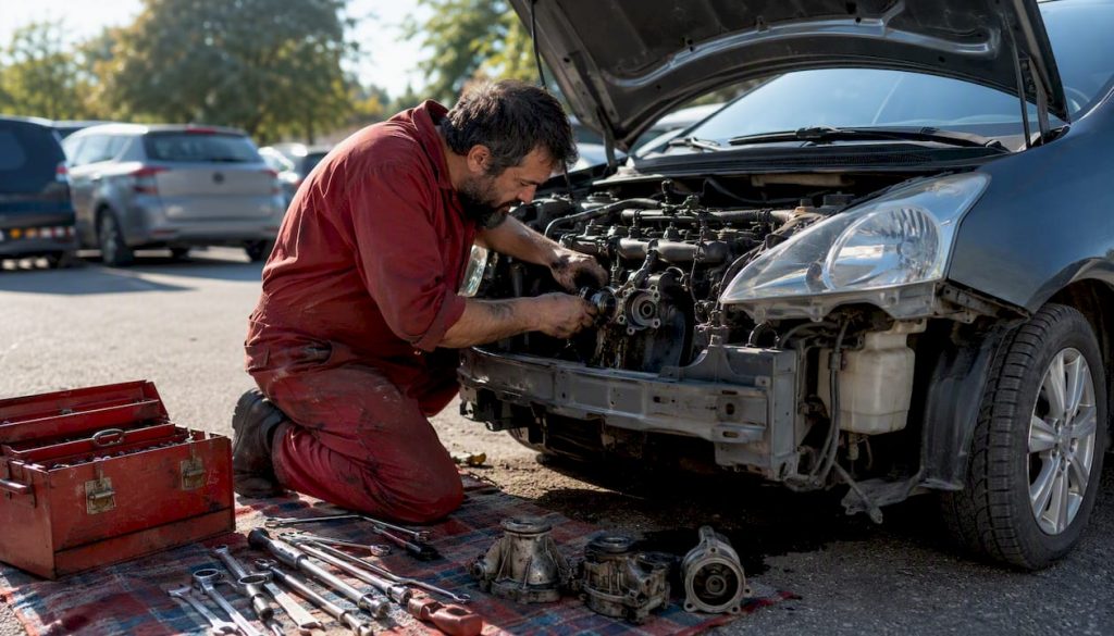 Mechanic uninstalling car water pump in garage