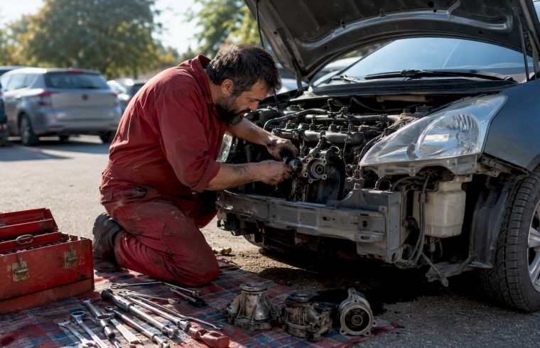 Mechanic uninstalling car water pump in garage