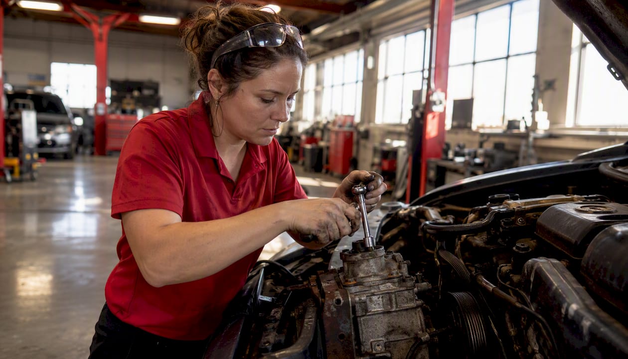 Female mechanic removing bolts from water pump