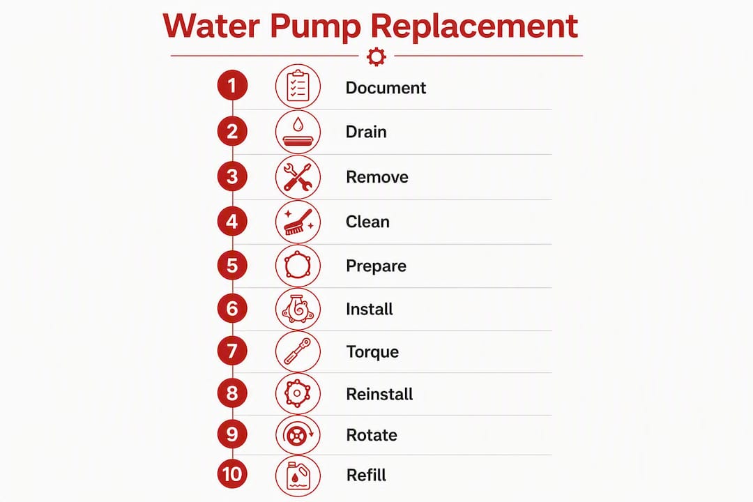 Infographic displaying step-by-step water pump replacement