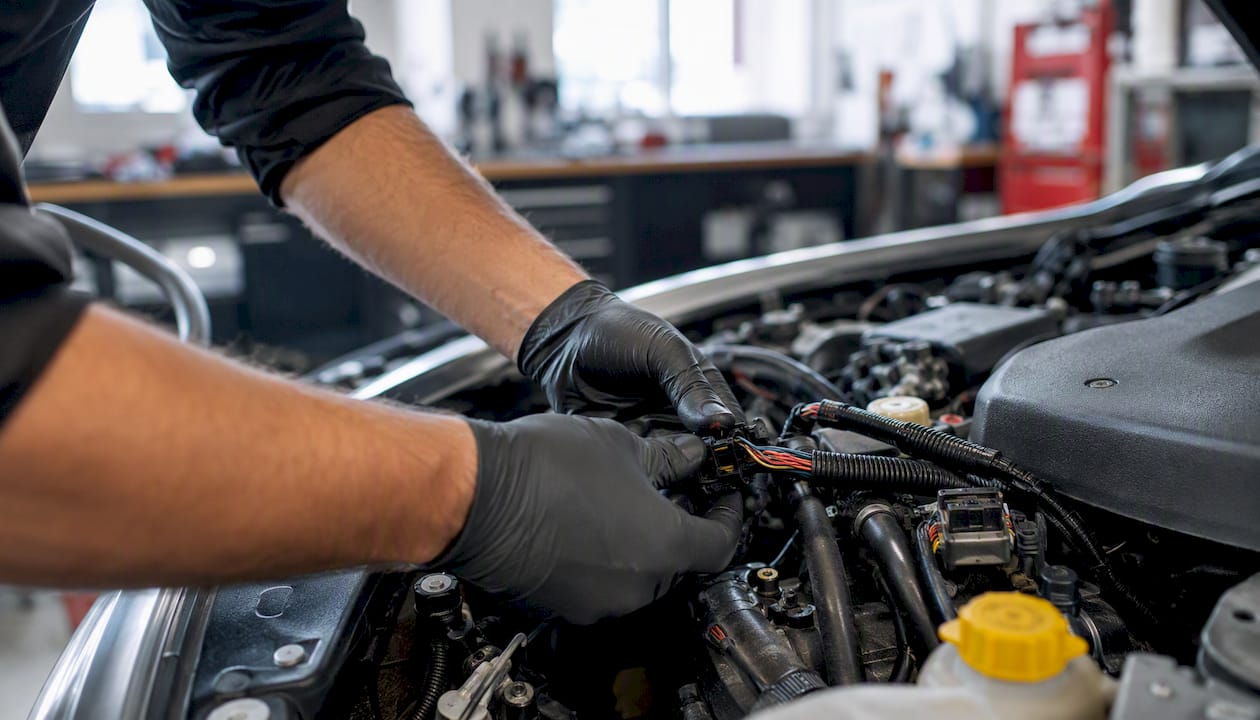 Hands inspecting engine wiring connectors