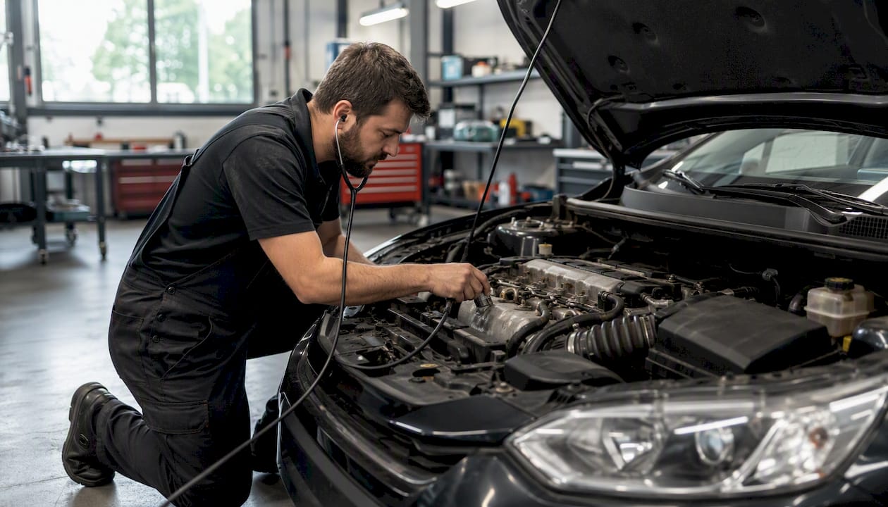 Mechanic using stethoscope to check engine block noise