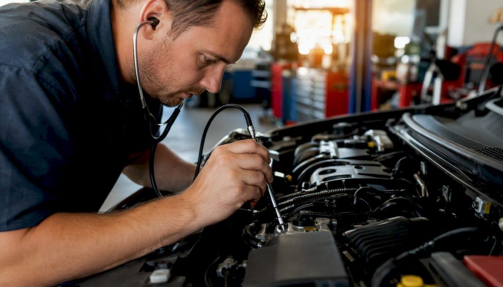 Technician listening to car engine for noises