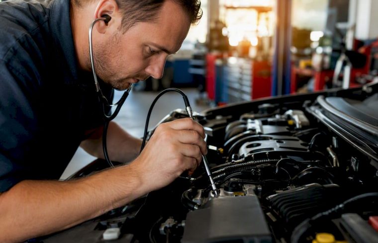 Technician listening to car engine for noises