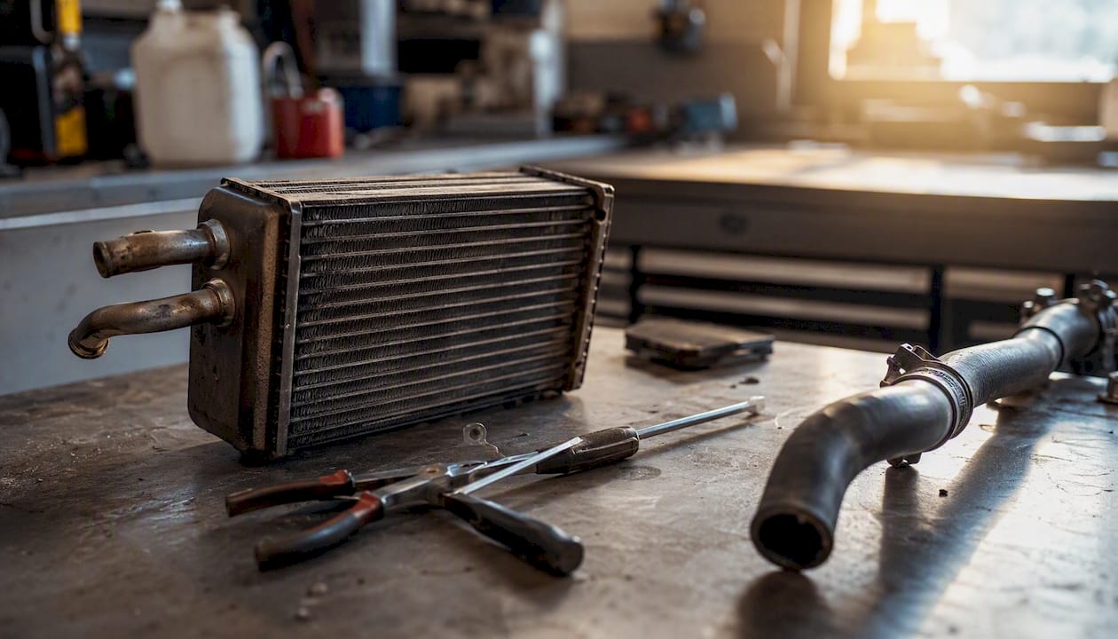 Heater core and tools on repair workbench