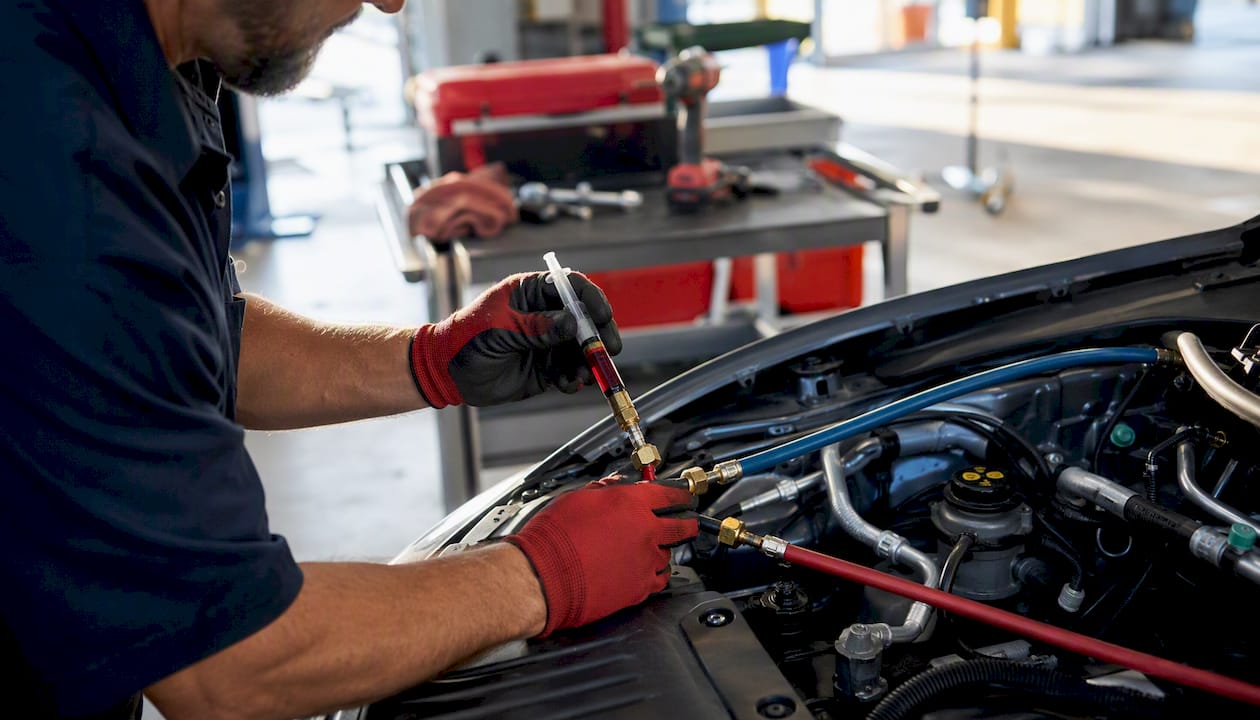 Hands injecting UV dye into car AC hose