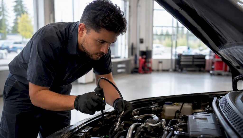 Technician detecting car AC leak with electronic tool
