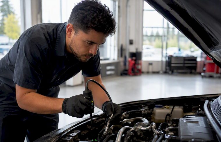 Technician detecting car AC leak with electronic tool