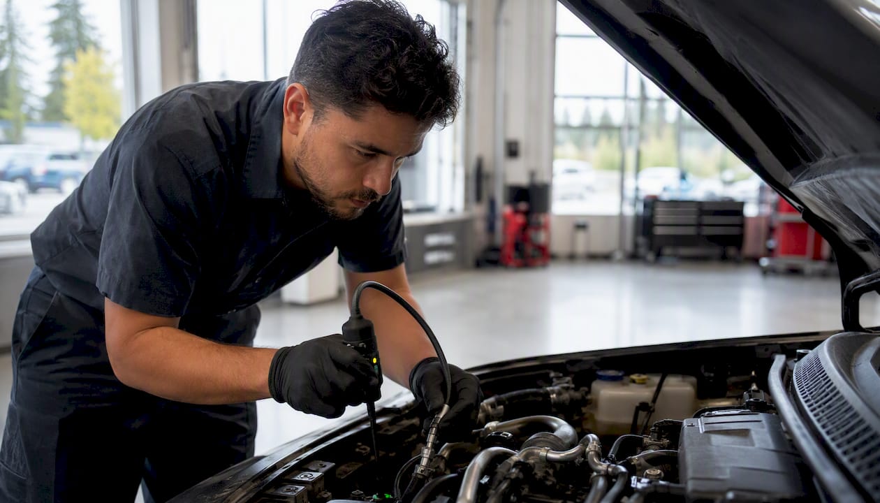 Technician detecting car AC leak with electronic tool