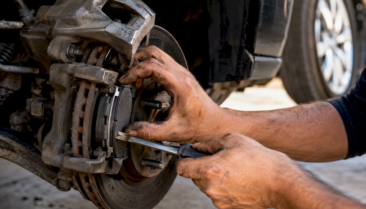 Technician replacing brake pads on vehicle wheel