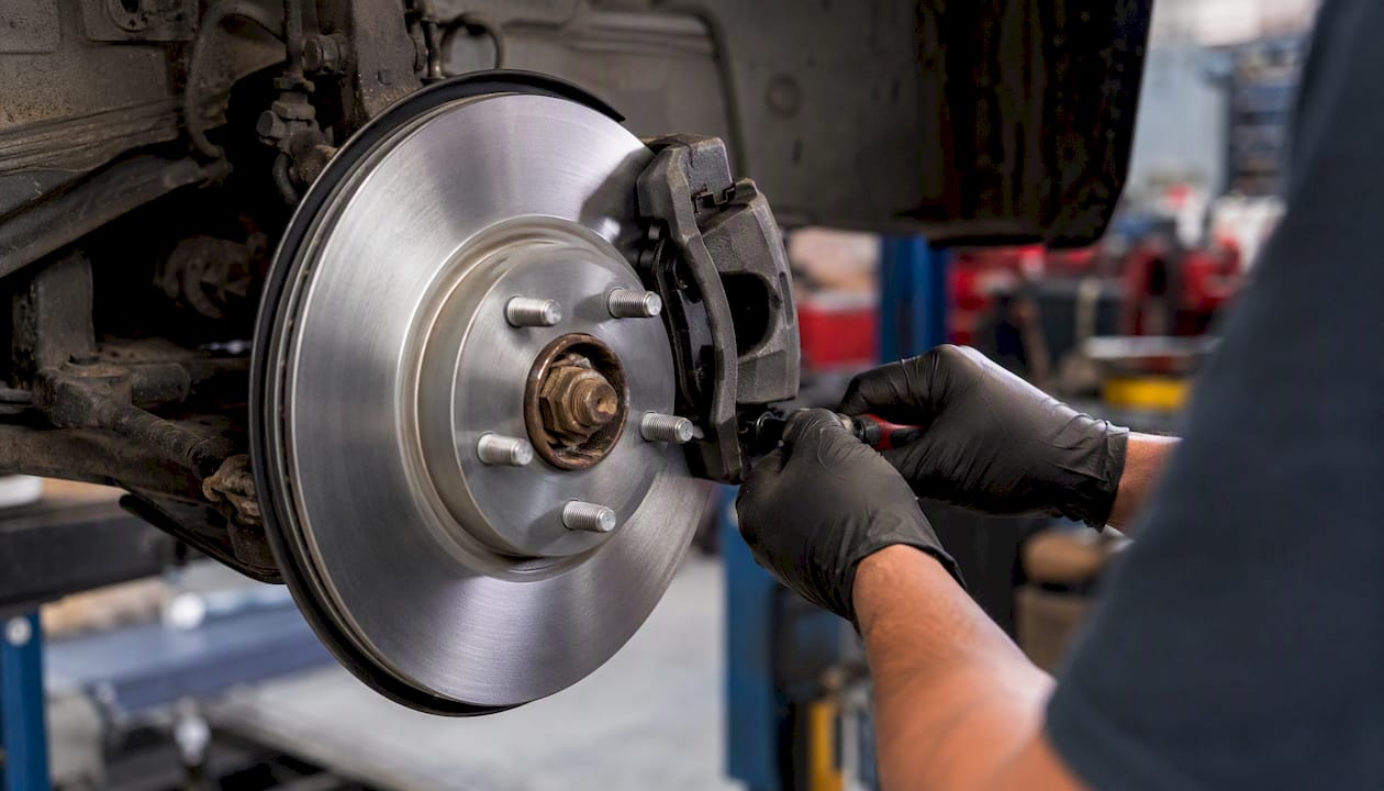 New brake rotor and pads installed close-up