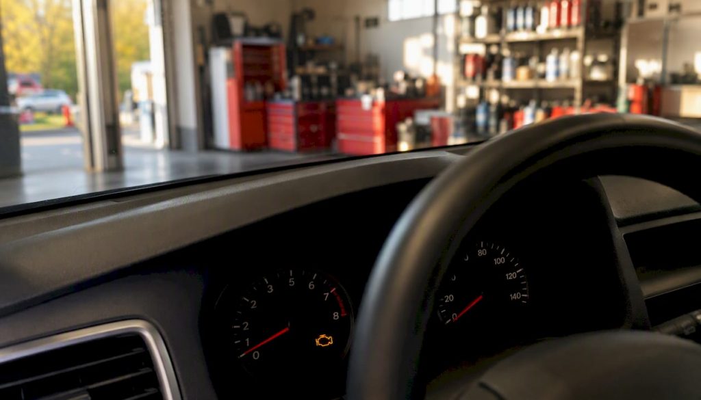 Car dashboard with illuminated check engine light