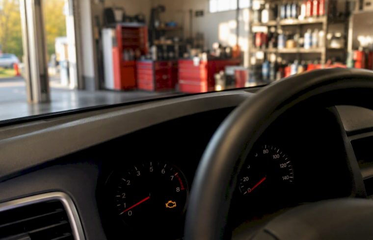 Car dashboard with illuminated check engine light