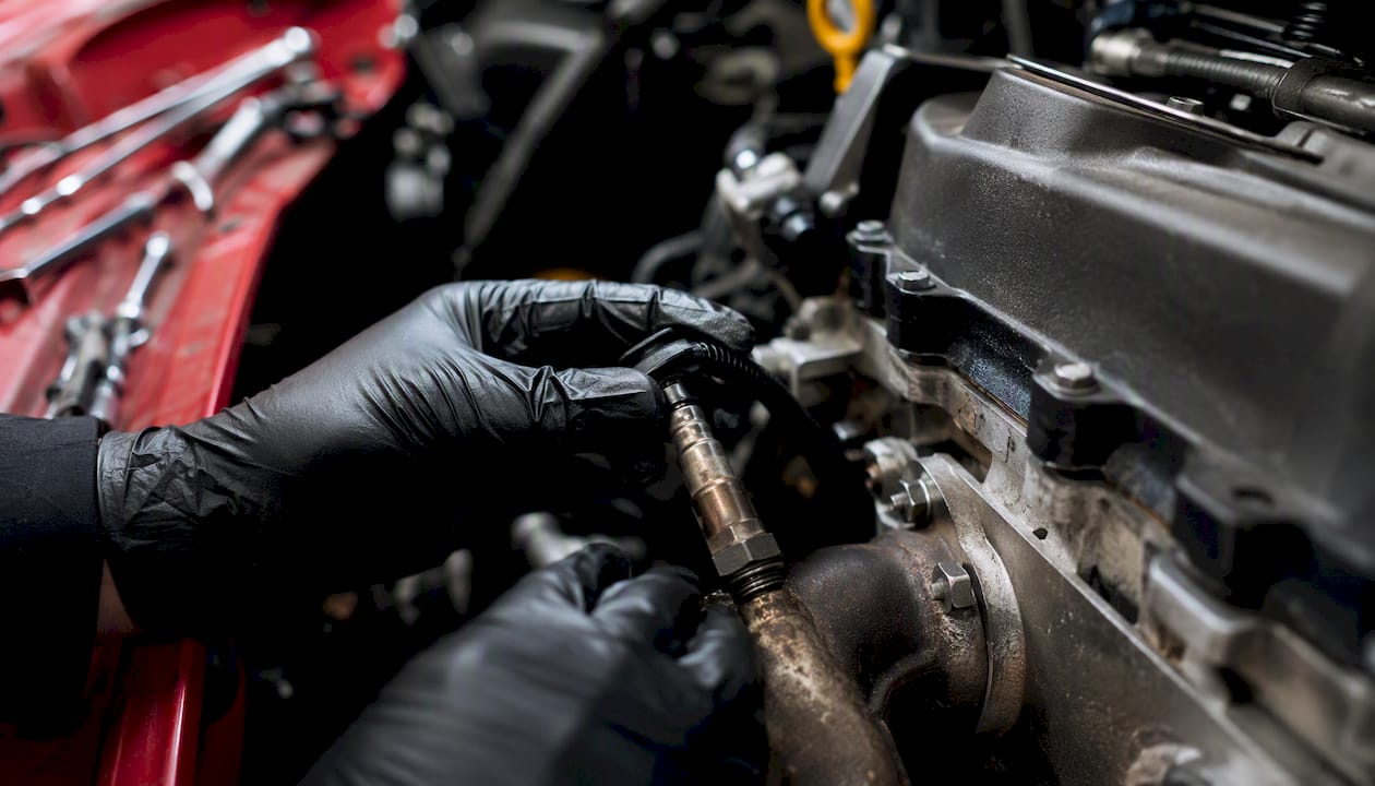 Technician inspecting oxygen sensor in engine bay