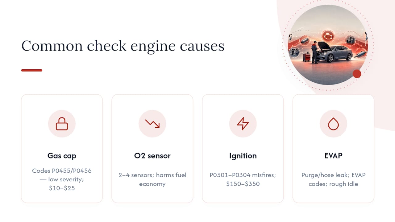 Diagram summarizing common check engine light causes with costs and codes