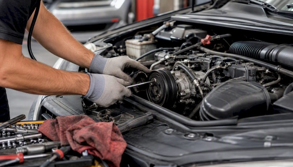 Mechanic inspecting car HVAC system components