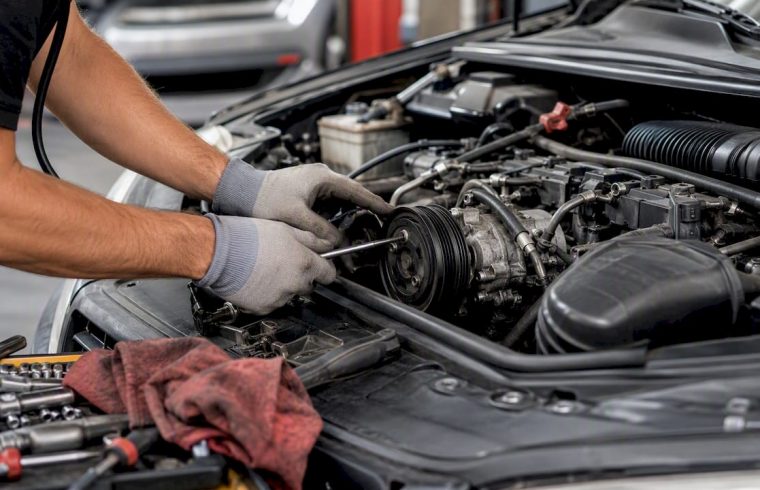 Mechanic inspecting car HVAC system components