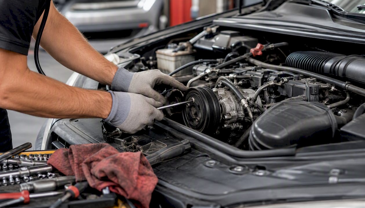 Mechanic inspecting car HVAC system components