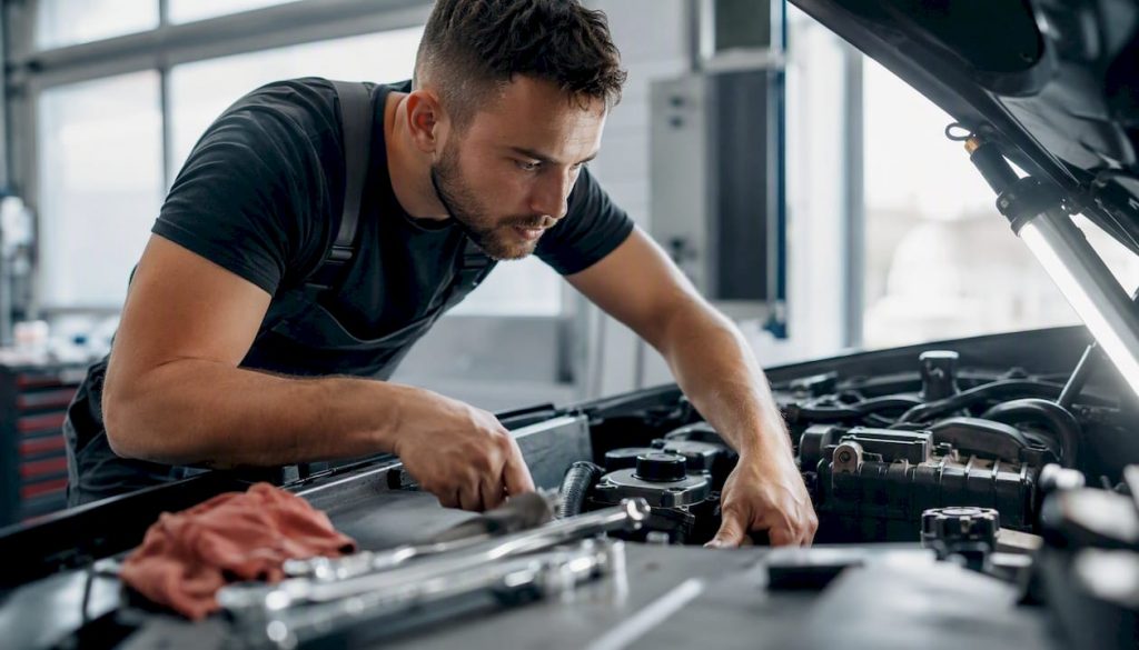 Technician inspecting car engine under hood