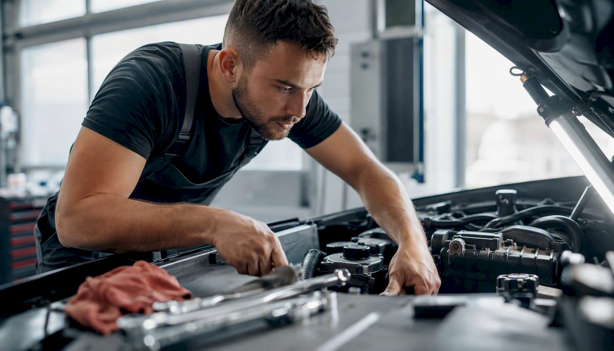 Technician inspecting car engine under hood
