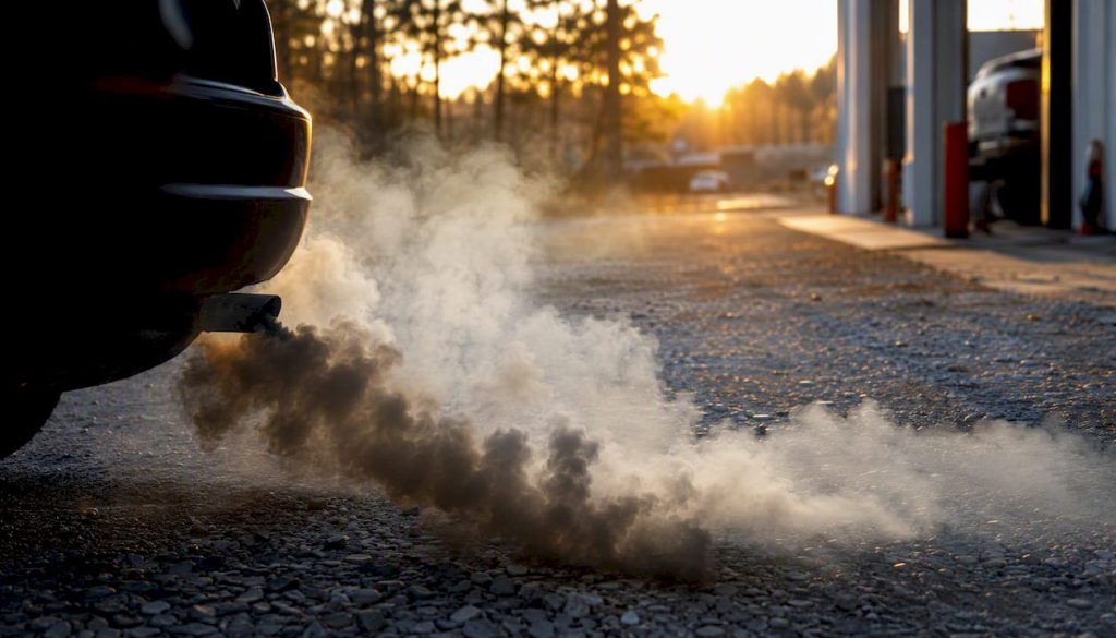 Car exhaust emitting white, blue-gray, and black smoke