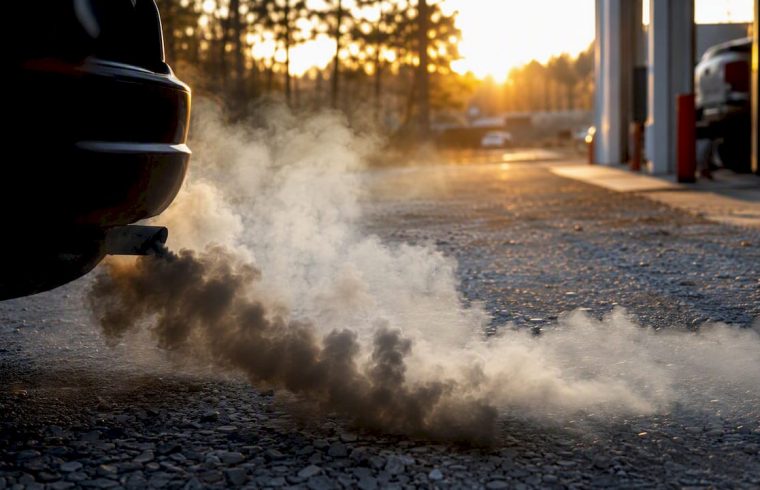 Car exhaust emitting white, blue-gray, and black smoke