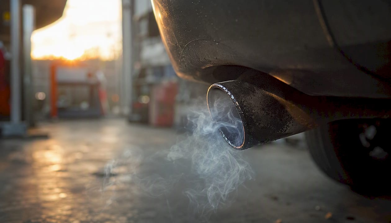 Car tailpipe with oily film and blue-gray smoke
