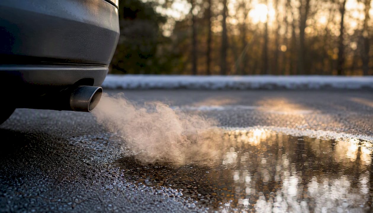 Thin white exhaust vapor on cold morning