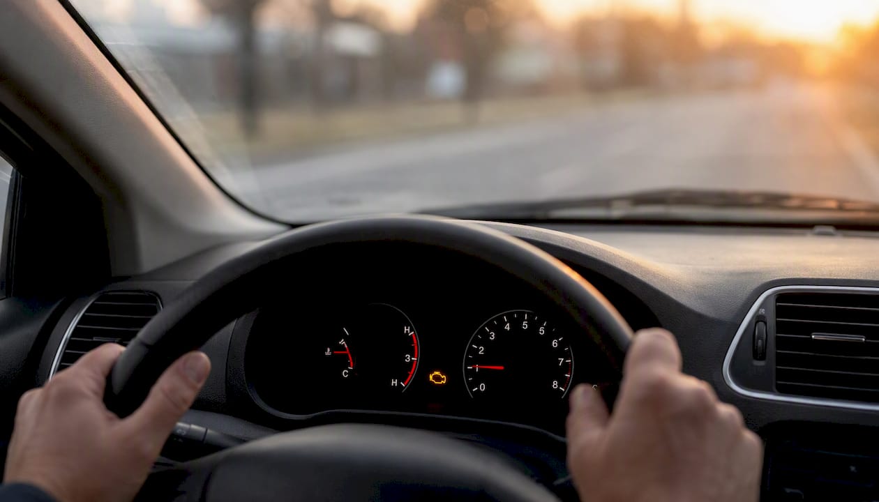Car dashboard with temperature gauge and steering wheel
