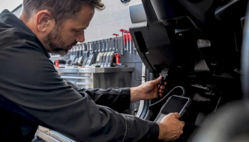 Technician connecting diagnostic scan tool in auto bay