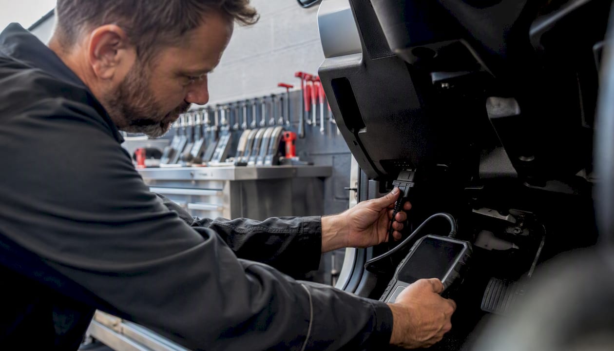 Technician connecting diagnostic scan tool in auto bay