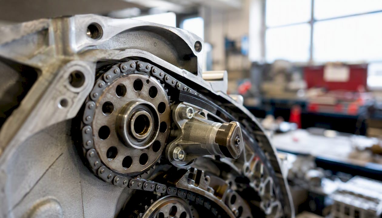 Close-up of timing chain and hydraulic tensioner