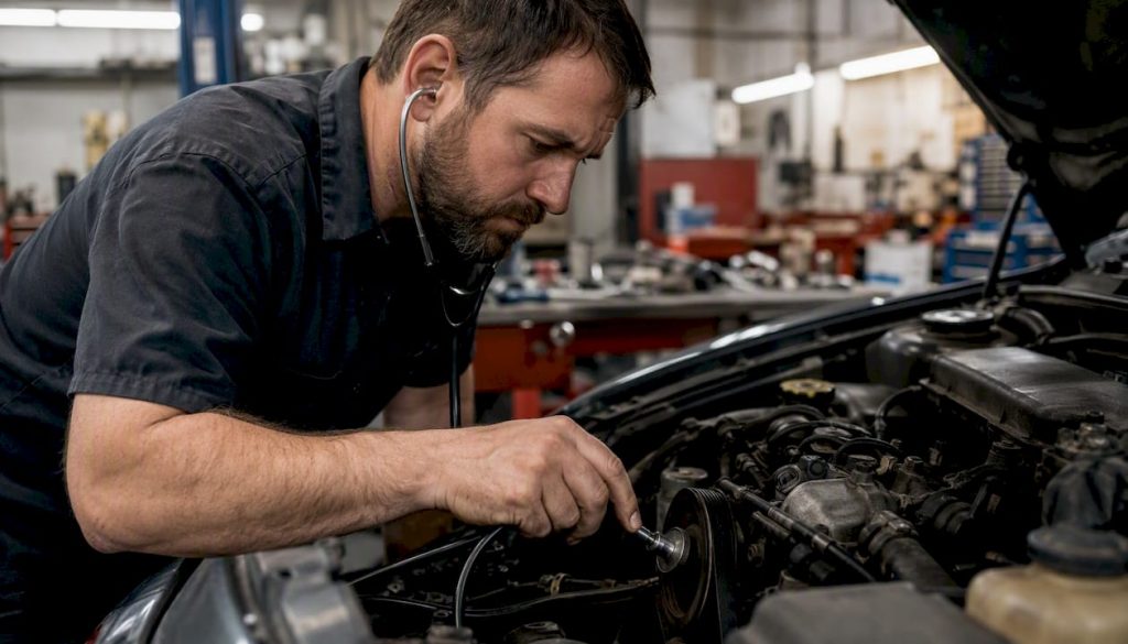 Mechanic diagnosing serpentine belt noise with stethoscope