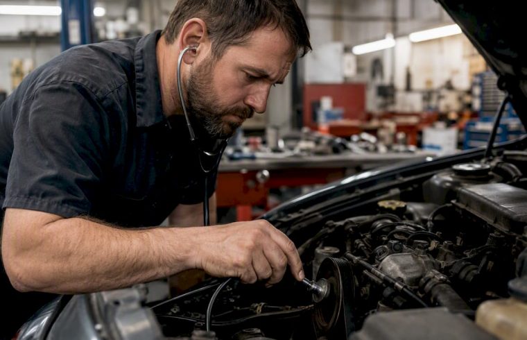 Mechanic diagnosing serpentine belt noise with stethoscope