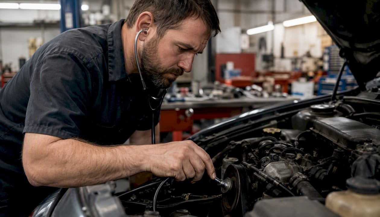 Mechanic diagnosing serpentine belt noise with stethoscope