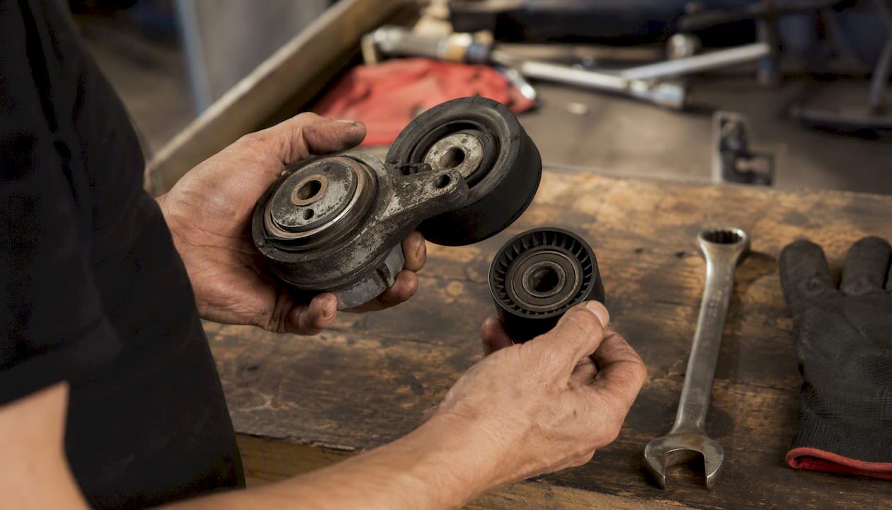 Hands inspecting serpentine belt tensioner and bearing