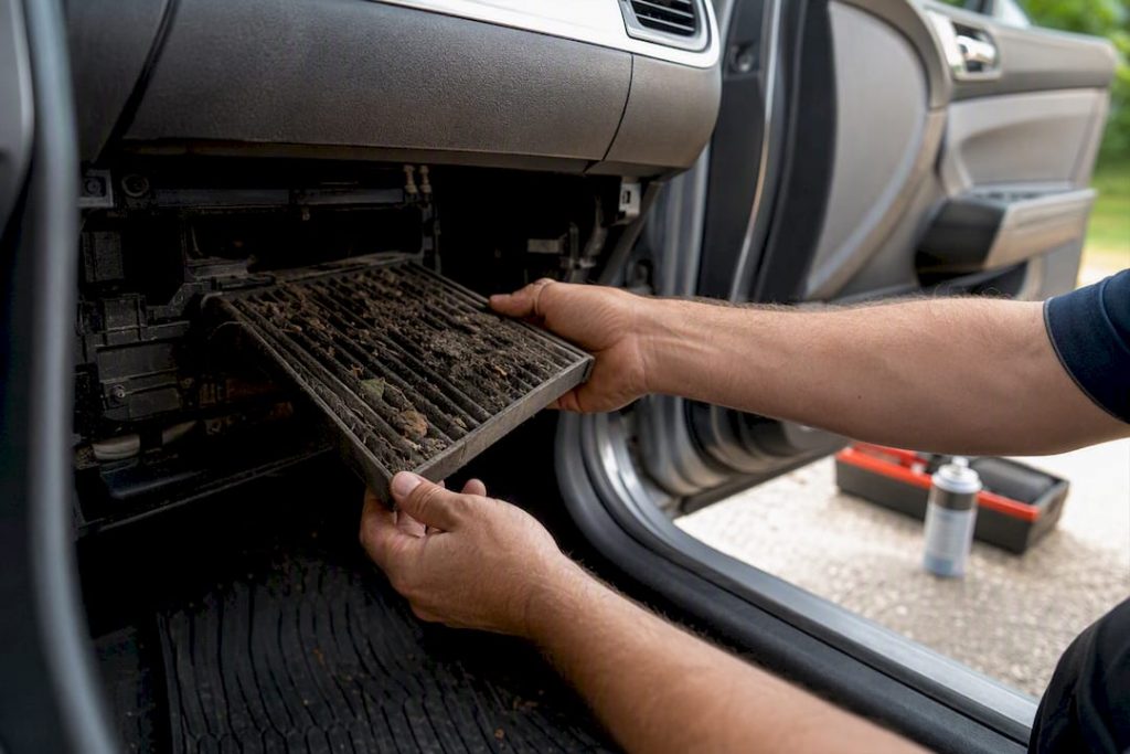 Cabin air filter slot showing dirt and moisture