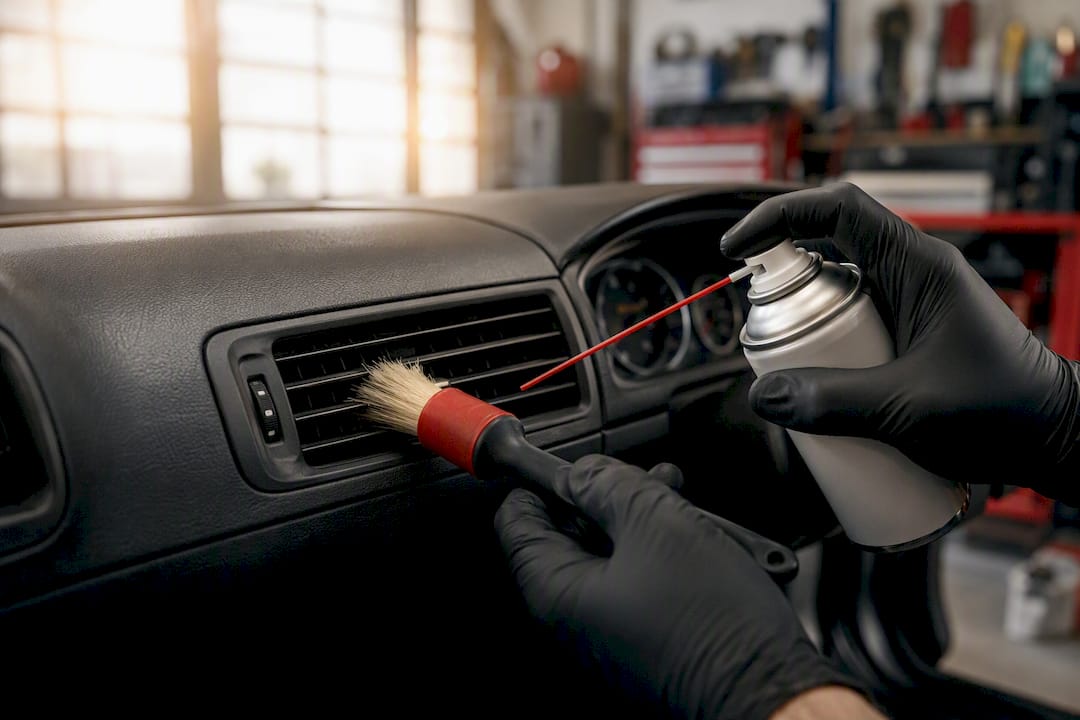 Hands cleaning car AC vent louvers