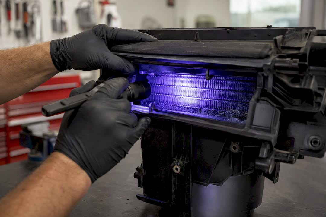 UV light inspecting car evaporator housing