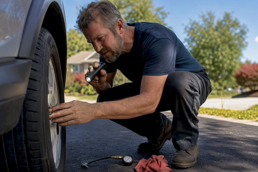 Hands checking car tire tread with flashlight