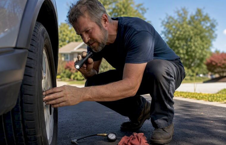 Hands checking car tire tread with flashlight