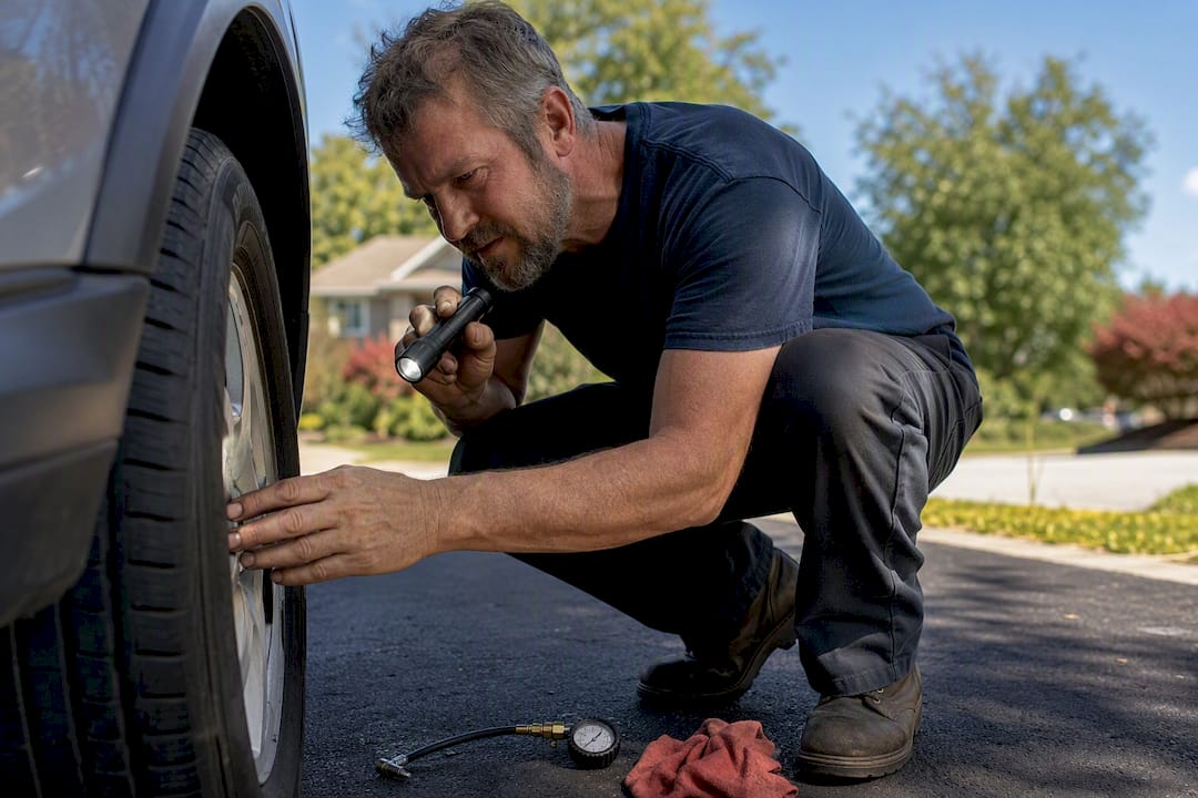 Hands checking car tire tread with flashlight