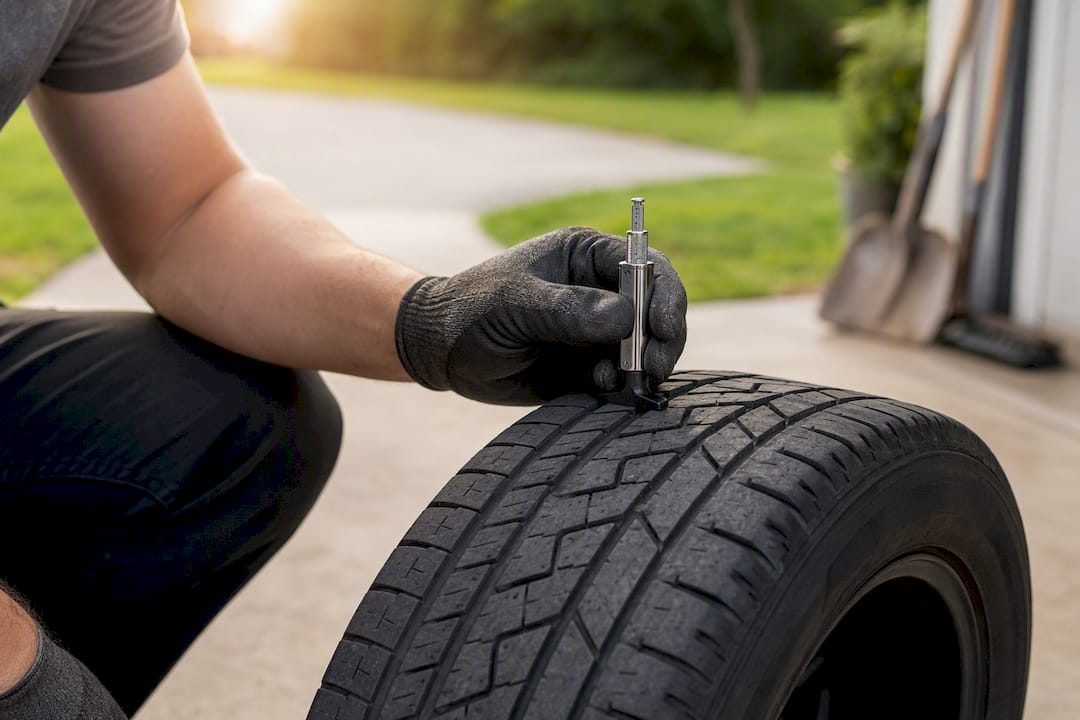 Hand measuring tire tread depth with gauge