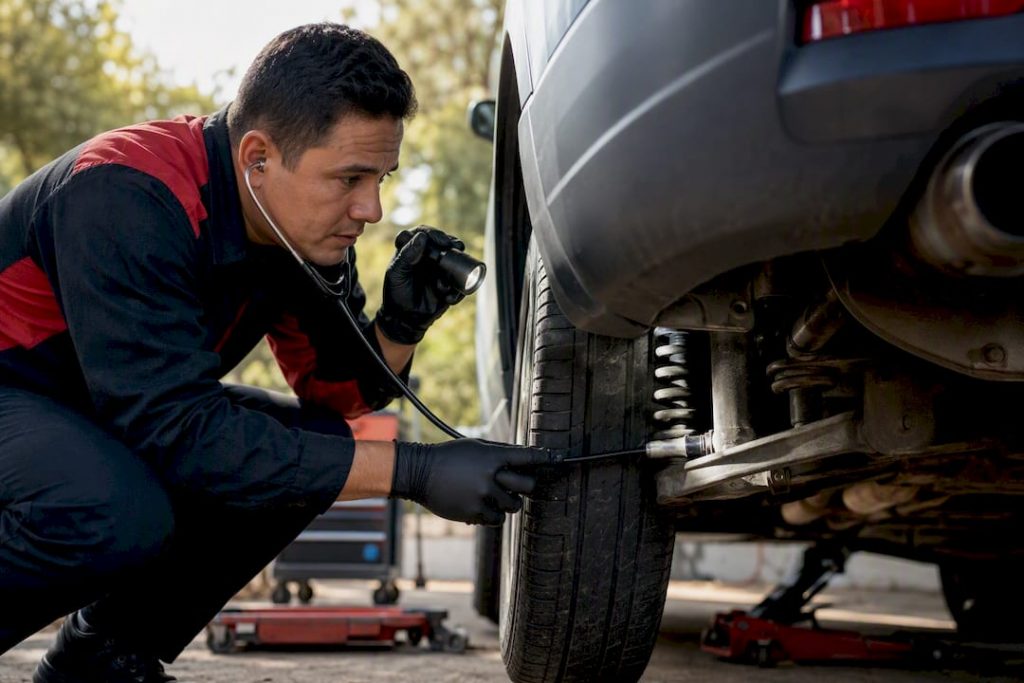 Mechanic listening to car suspension with stethoscope