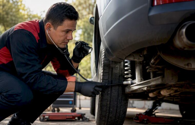 Mechanic listening to car suspension with stethoscope