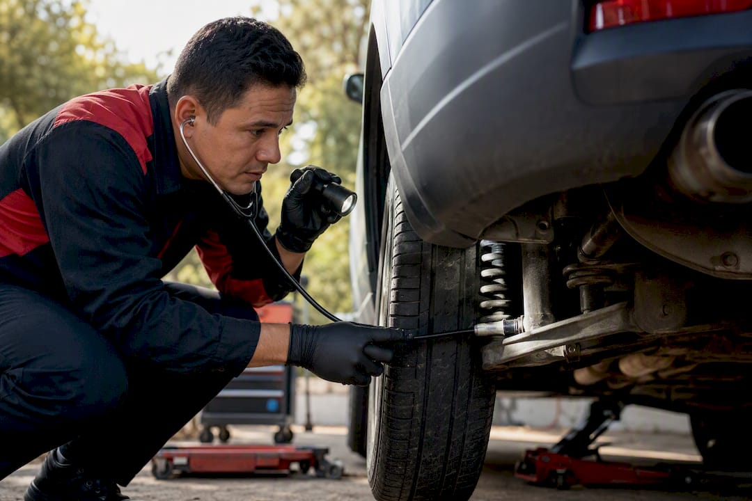 Mechanic listening to car suspension with stethoscope