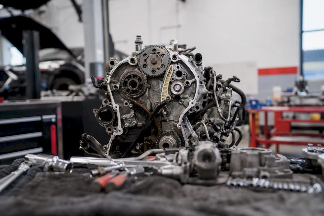 Metallic timing chain area inside engine