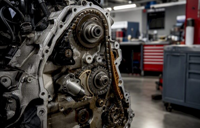Close-up of Volkswagen timing chain and tensioner
